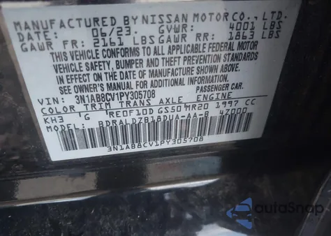 2023 Nissan Sentra Sv Xtronic Cvt z USA, uszkodzony, nr VIN 3N1AB8CV1PY305708
